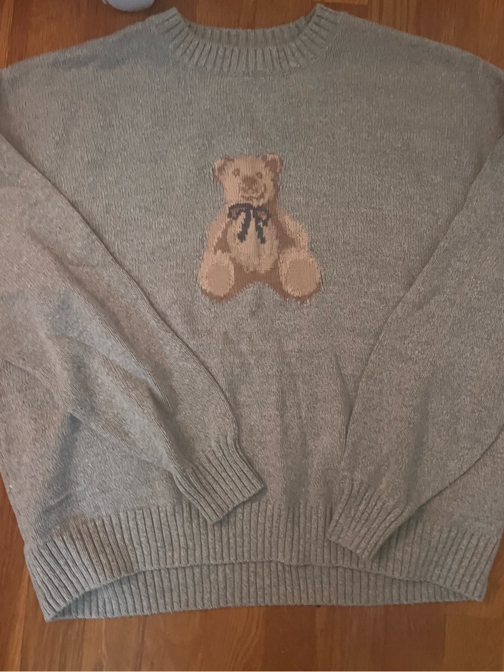 Hollister Gray Crewneck Sweater with Teddy Bear Intarsia